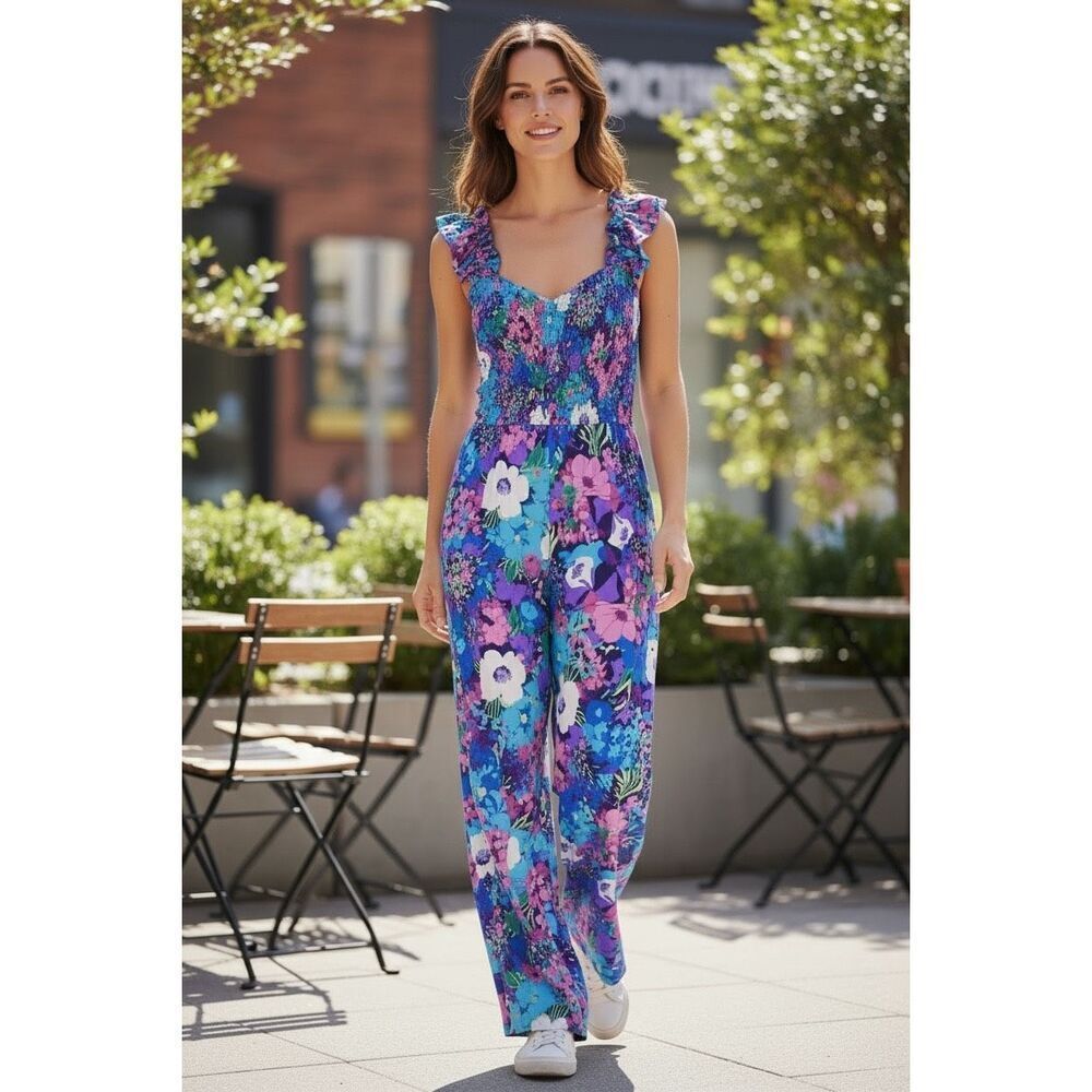 Hailey & Co Womens Navy Multi Colored Floral Ruffle Smocked Jumpsuit Size 2XL